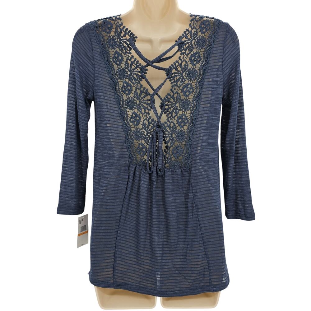 Jessica Simpson Womans size S Murielle Lace Up Back Semi-Sheer Blouse Blue NEW